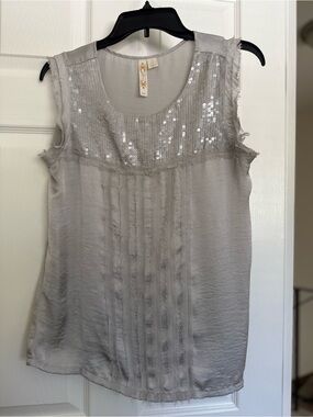 Adiva Silver-Gray Sleeveless Sequin Yoke Camisole